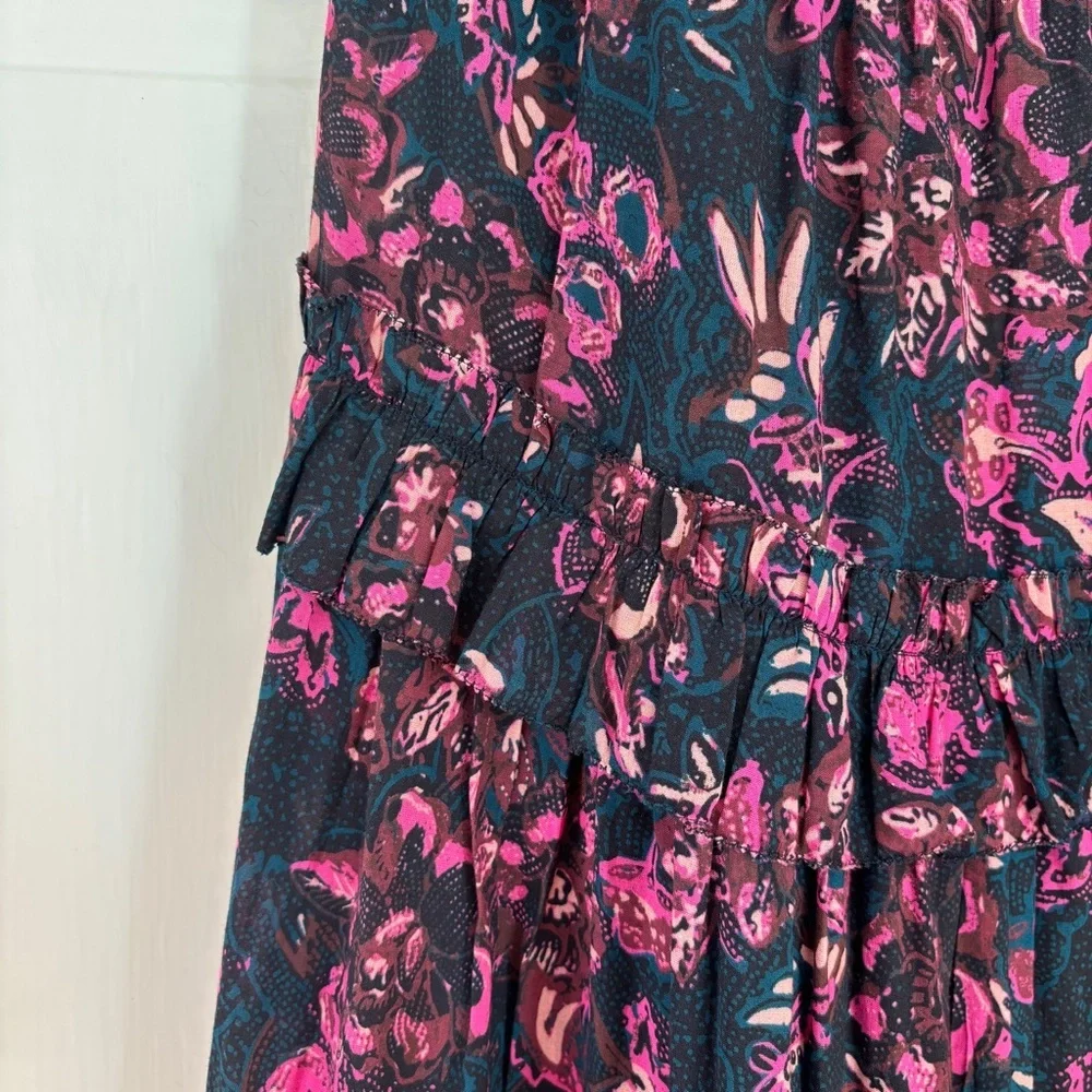 ULLA JOHNSON Amalia Midnight Floral Midi Skirt Tiered Ruffle Pink Navy Size‎ 2